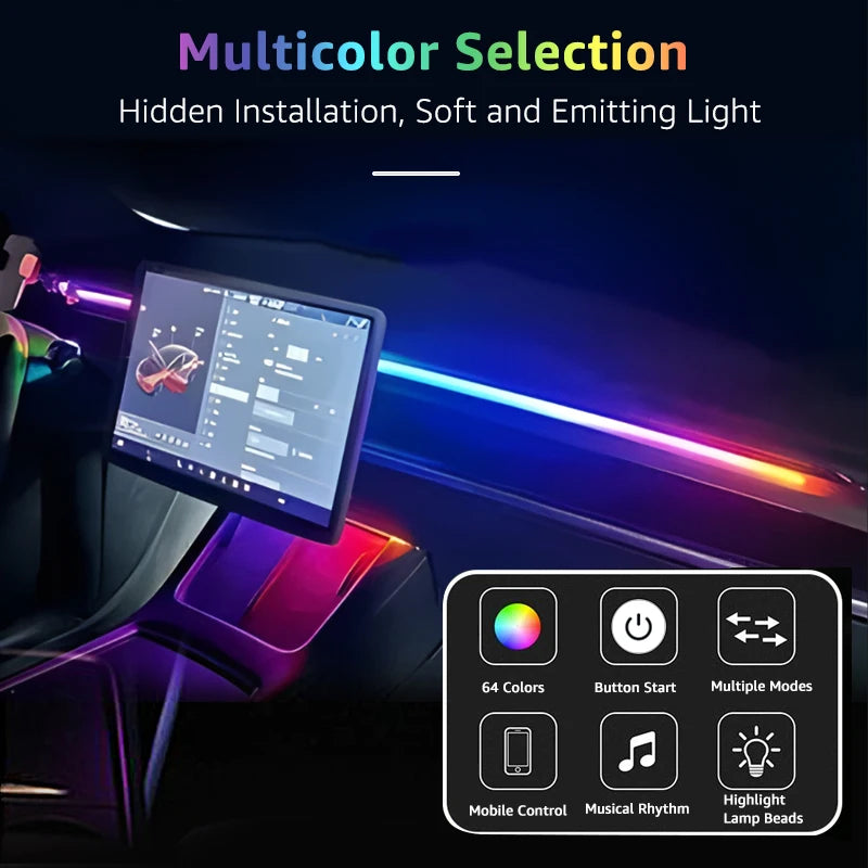 200cm 150cm Car Ambient Light Front Windshield Dashboard LED 64 Colors RGB Symphony Interior Acrylic Atmosphere Lamp App Control