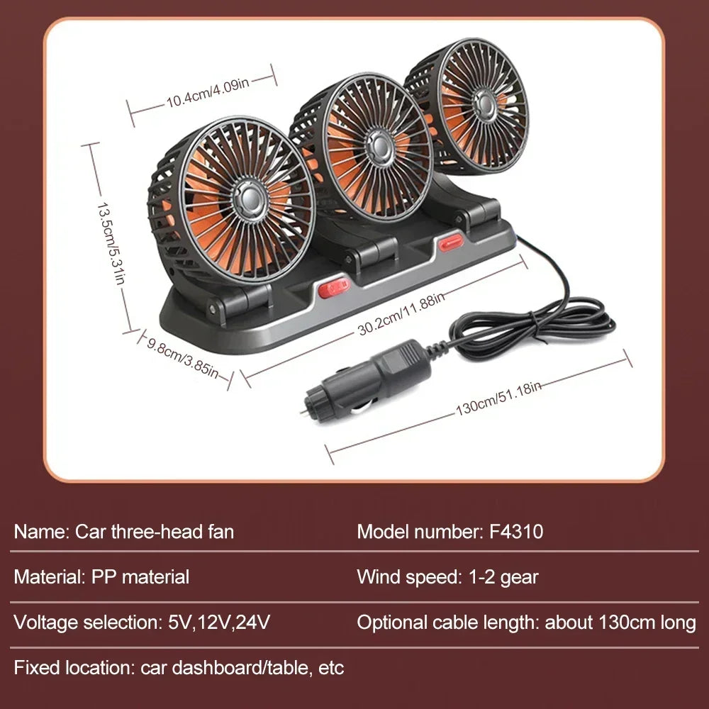 Car Fan Cooling Car Electric Fan 360° Adjustable 3 Heads USB/12V/24V Fan 2 Speed Silent Cooler for Dashboard RV Truck SUV