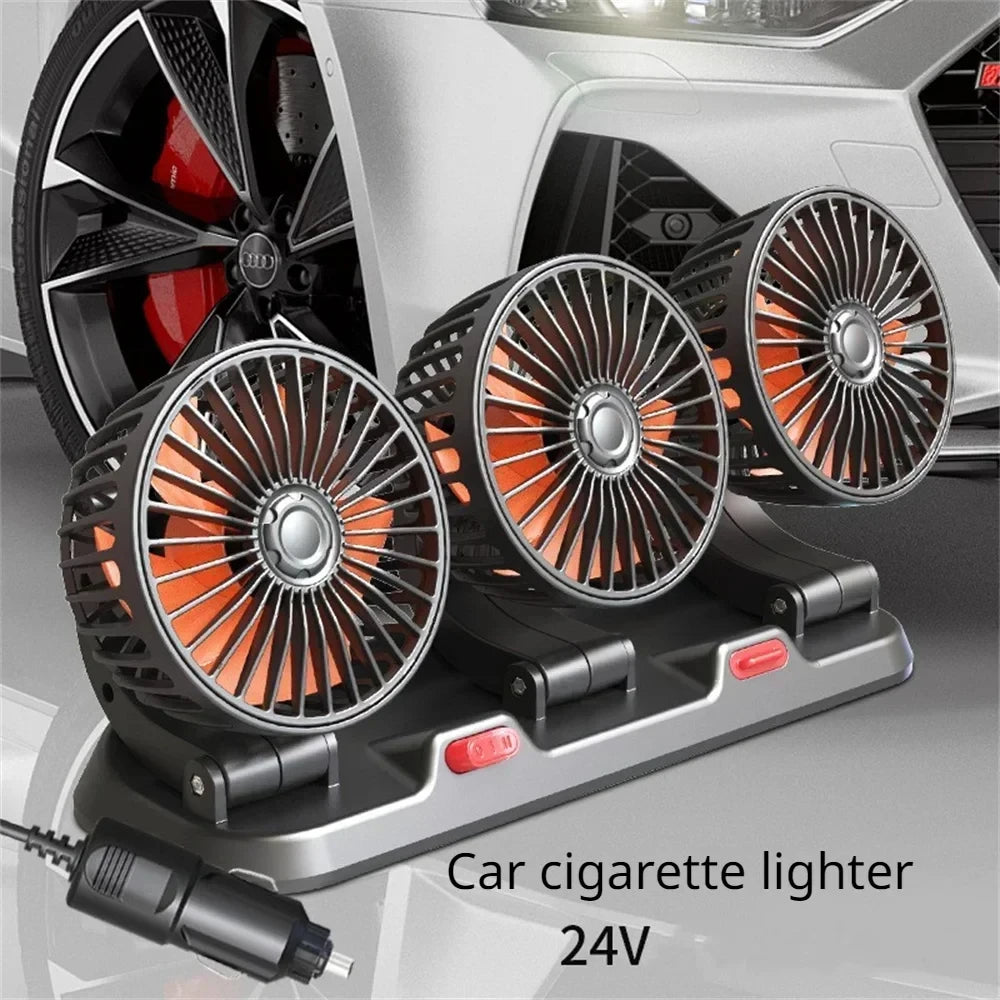 Car Fan Cooling Car Electric Fan 360° Adjustable 3 Heads USB/12V/24V Fan 2 Speed Silent Cooler for Dashboard RV Truck SUV