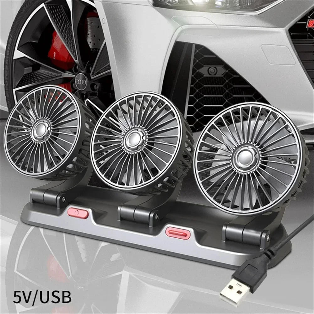 Car Fan Cooling Car Electric Fan 360° Adjustable 3 Heads USB/12V/24V Fan 2 Speed Silent Cooler for Dashboard RV Truck SUV