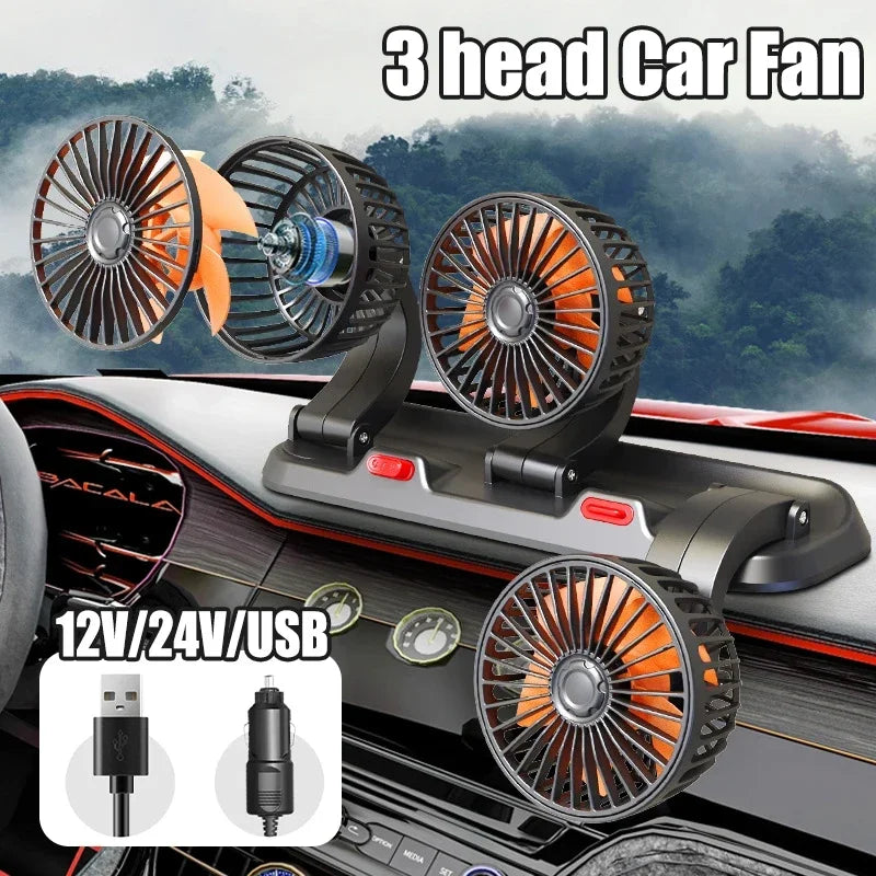 Car Fan Cooling Car Electric Fan 360° Adjustable 3 Heads USB/12V/24V Fan 2 Speed Silent Cooler for Dashboard RV Truck SUV