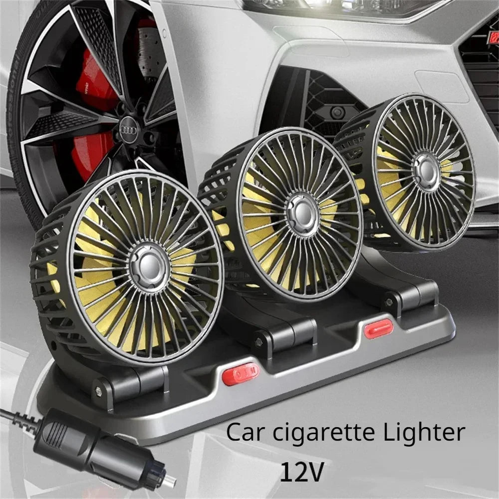 Car Fan Cooling Car Electric Fan 360° Adjustable 3 Heads USB/12V/24V Fan 2 Speed Silent Cooler for Dashboard RV Truck SUV