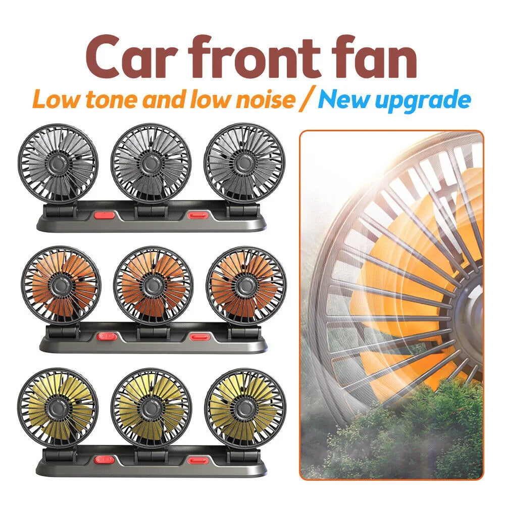 Car Fan Cooling Car Electric Fan 360° Adjustable 3 Heads USB/12V/24V Fan 2 Speed Silent Cooler for Dashboard RV Truck SUV