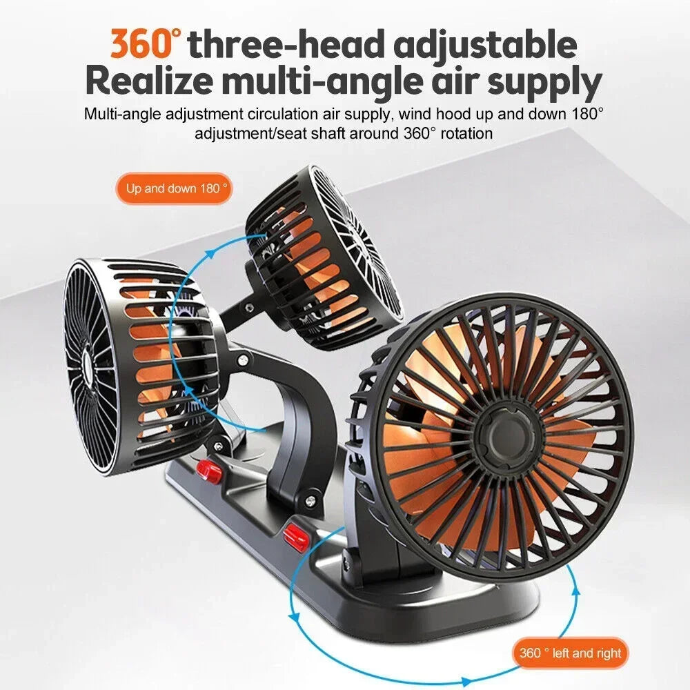 Car Fan Cooling Car Electric Fan 360° Adjustable 3 Heads USB/12V/24V Fan 2 Speed Silent Cooler for Dashboard RV Truck SUV